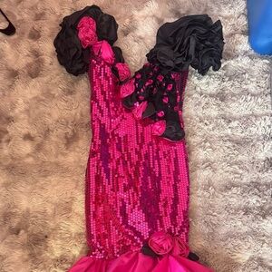 ALYCE DESIGNS SEQUIN HOT PINK RUFFLED MERMAID PAGEANT PROM 80S VINTAGE DRESS